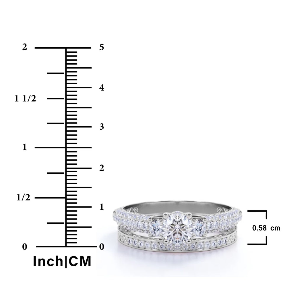 JeenMata 1.25 Carat Round Brilliant Cut Lab Grown Three Stones Diamond - Vintage Design Wedding Ring Set in 18K White Gold Plating for Women