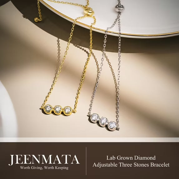 JeenMata Lab Grown Diamond Three Stones Bracelet - Adjustable Slider Yellow Gold Plating Bracelet for Women