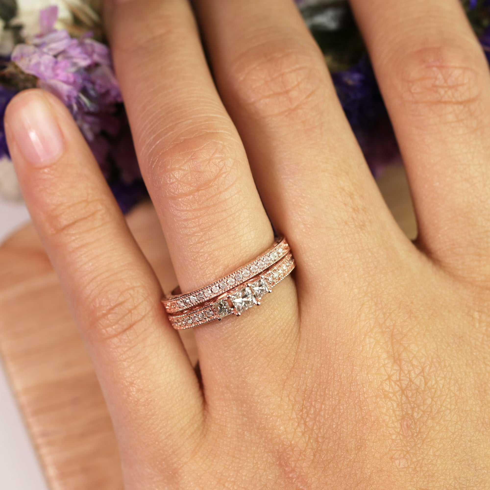 JeenMata 1.25 ct - Princess Cut Moissanite - Pave - Three Stone Ring - Victorian Style - Vintage Wedding Ring Set in 18K Rose Gold Plating for Women