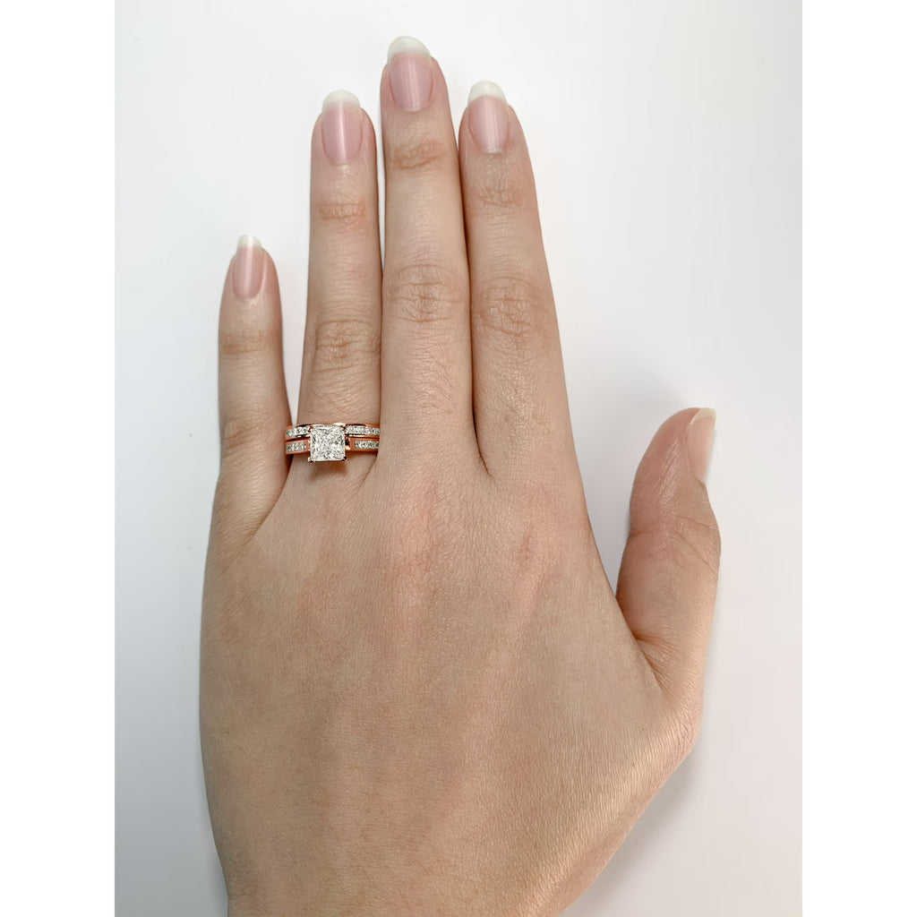 JeenMata 2 Carat Princess Cut Moissanite Wedding Set - Bridal Set - Channel Set Ring - Unique Ring - 18k Rose Gold Over Silver
