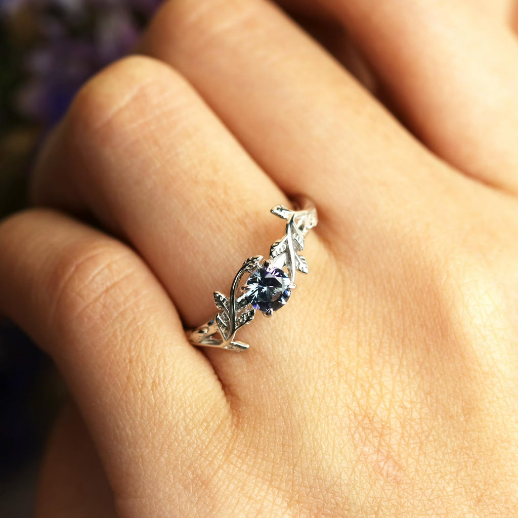 JeenMata 0.50 Carat - Round Cut Lab Created Alexandrite Ring - Leaf & Vine Engagement Ring - 18K White Gold Plating for Women