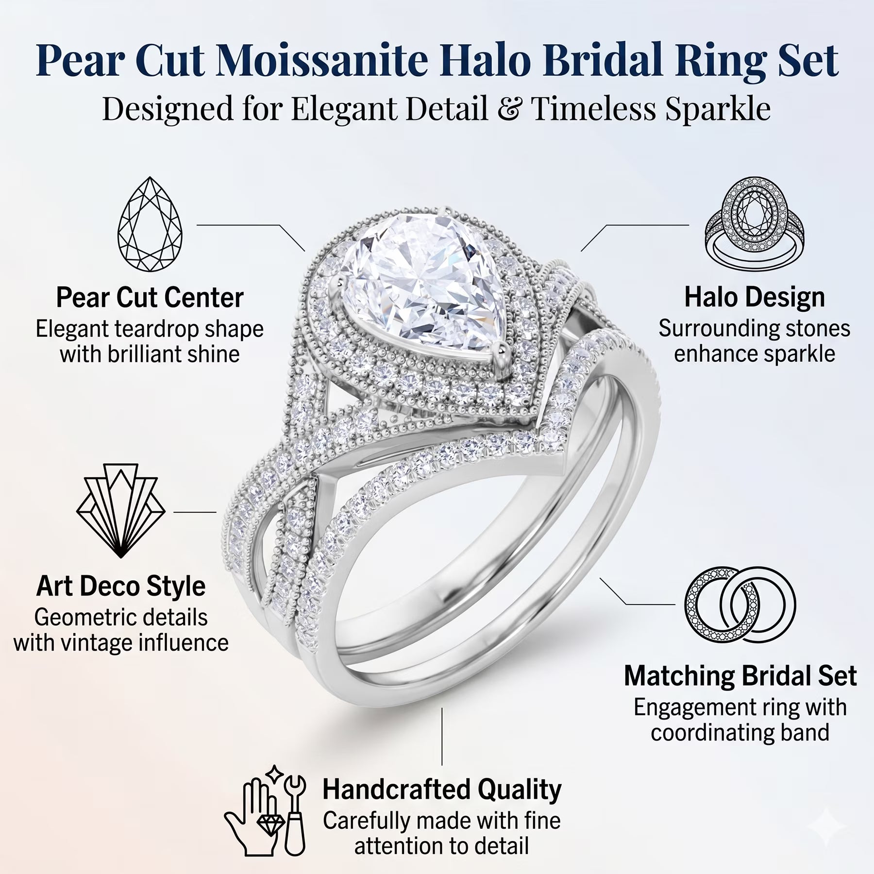 JeenMata 1.5 Carat Pear Cut Moissanite Wedding Set - Bridal Set - Art Deco Ring - Halo Ring - Cluster Ring - 18k Rose Gold Plated for Women