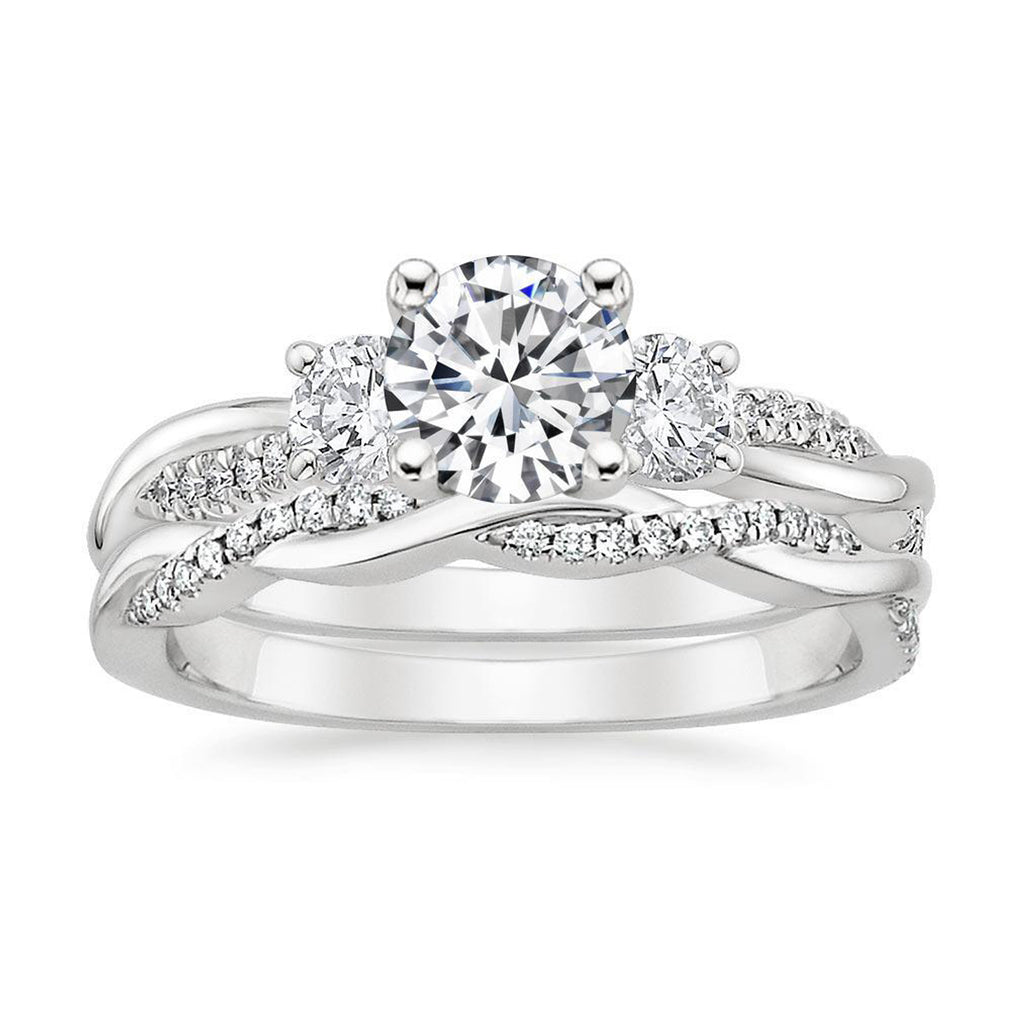 JeenMata 2 Carat Round Brilliant Cut Lab Grown Diamond 3-Stone Engagement Ring Set with Infinity Style Band in 18K White Gold Plating for Women