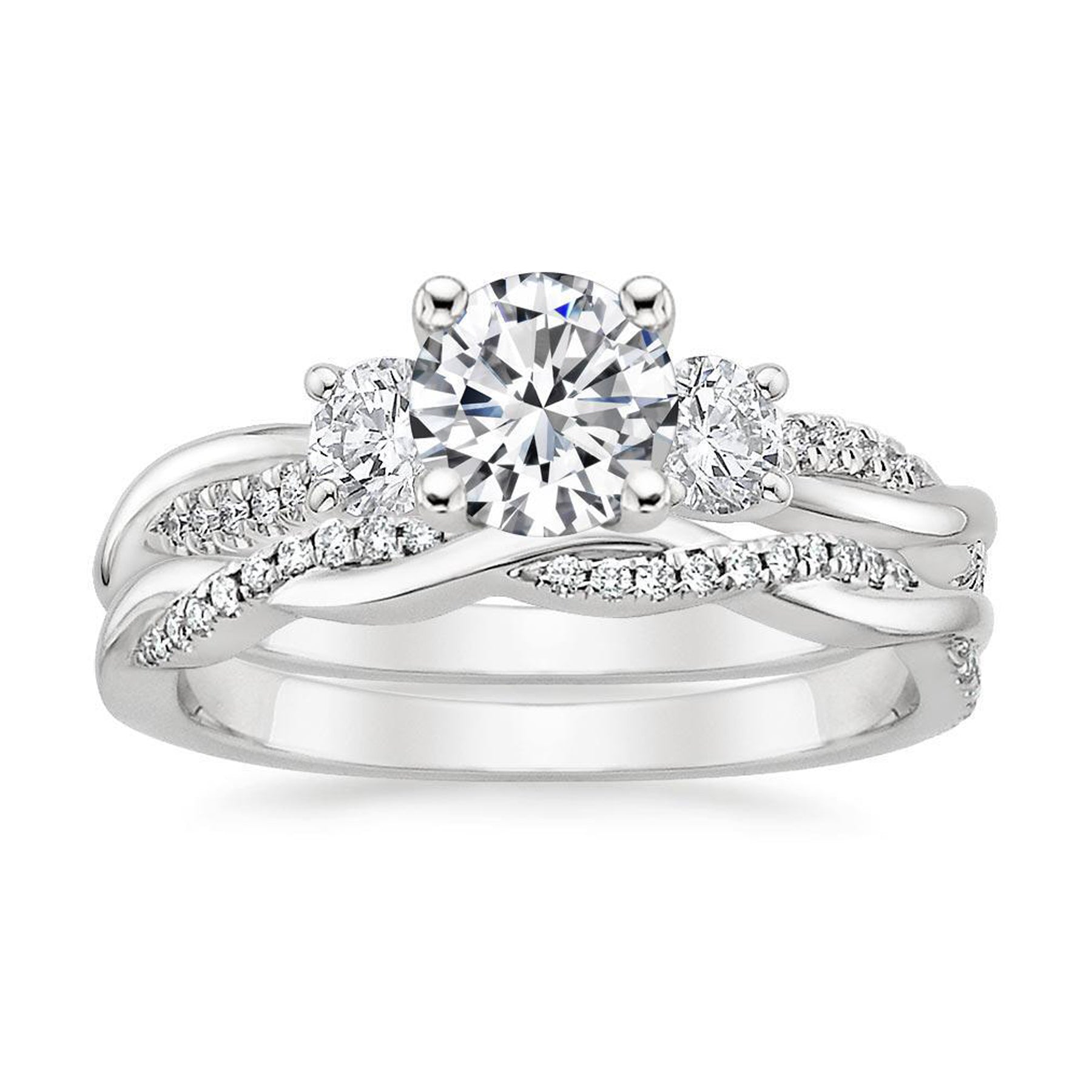 JeenMata 2 Carat Round Brilliant Cut Lab Grown Diamond 3-Stone Engagement Ring Set with Infinity Style Band in 18K White Gold Plating for Women