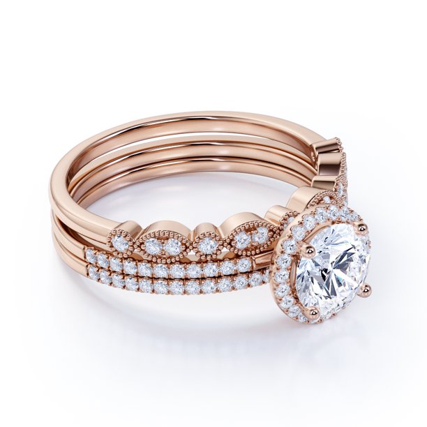 Pave 2 Carat Round Cut Moissanite Halo Trio Set