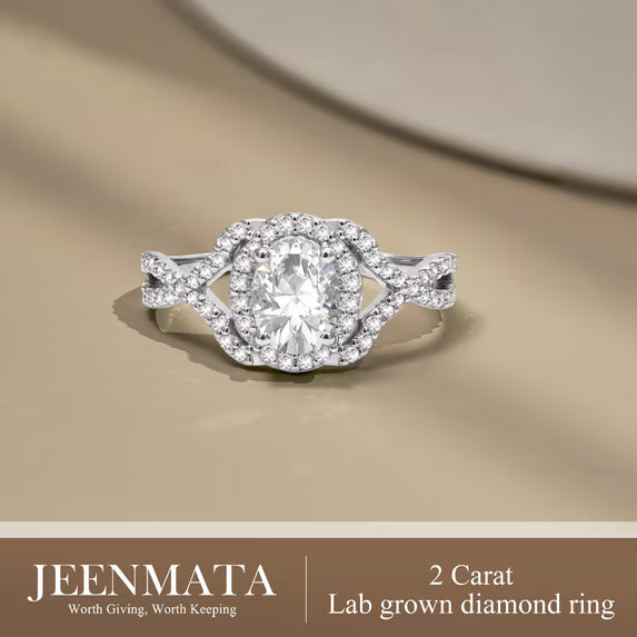 JeenMata 2 Carat Oval Cut Lab Grown Diamond - Engagement Ring with Infinity Band in 18K White Gold Plating for Woman