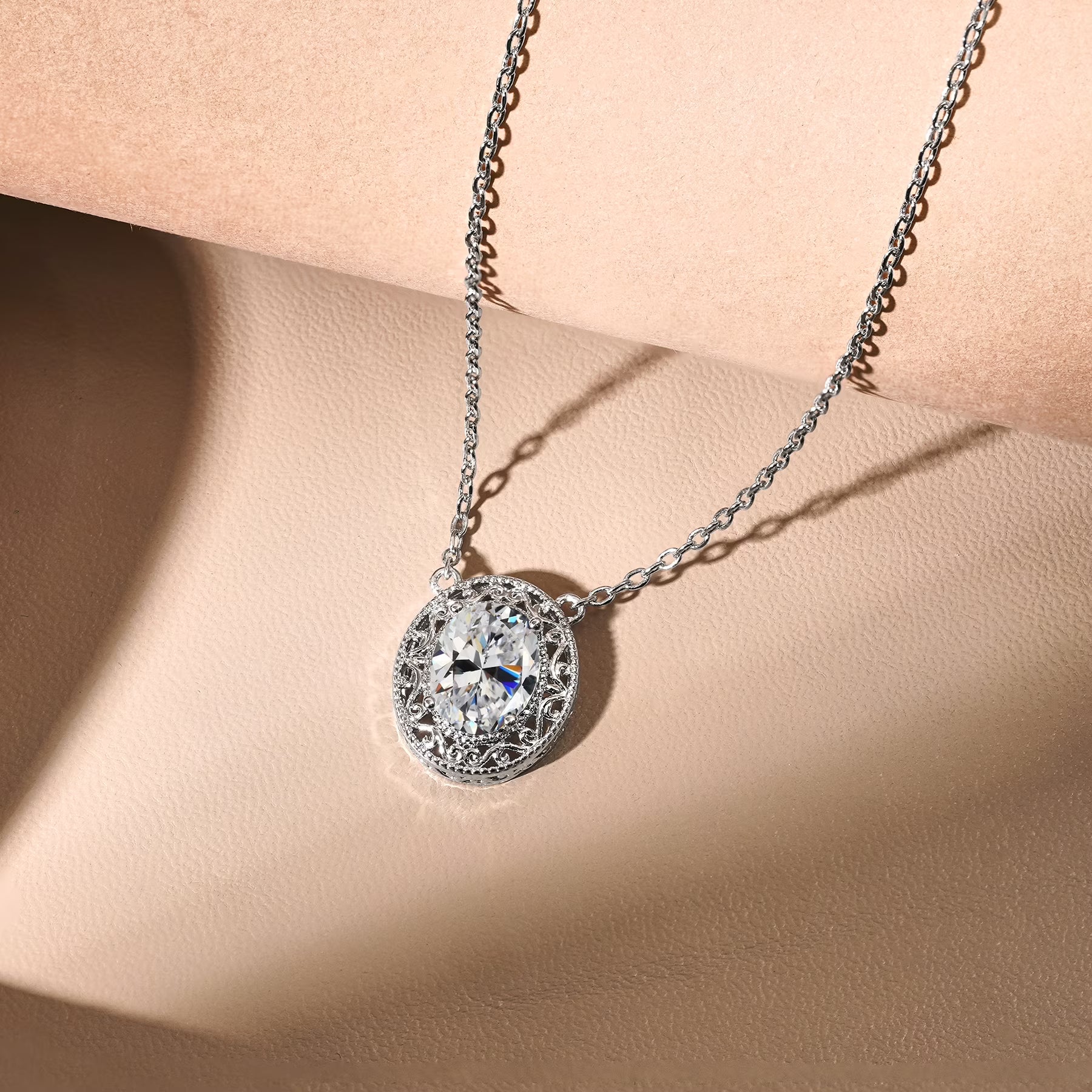 JeenMata 2 Carat Classic Oval Filigree Moissanite Pendant Necklaces - in 18K White Gold Plating Jewelry Necklace for Women
