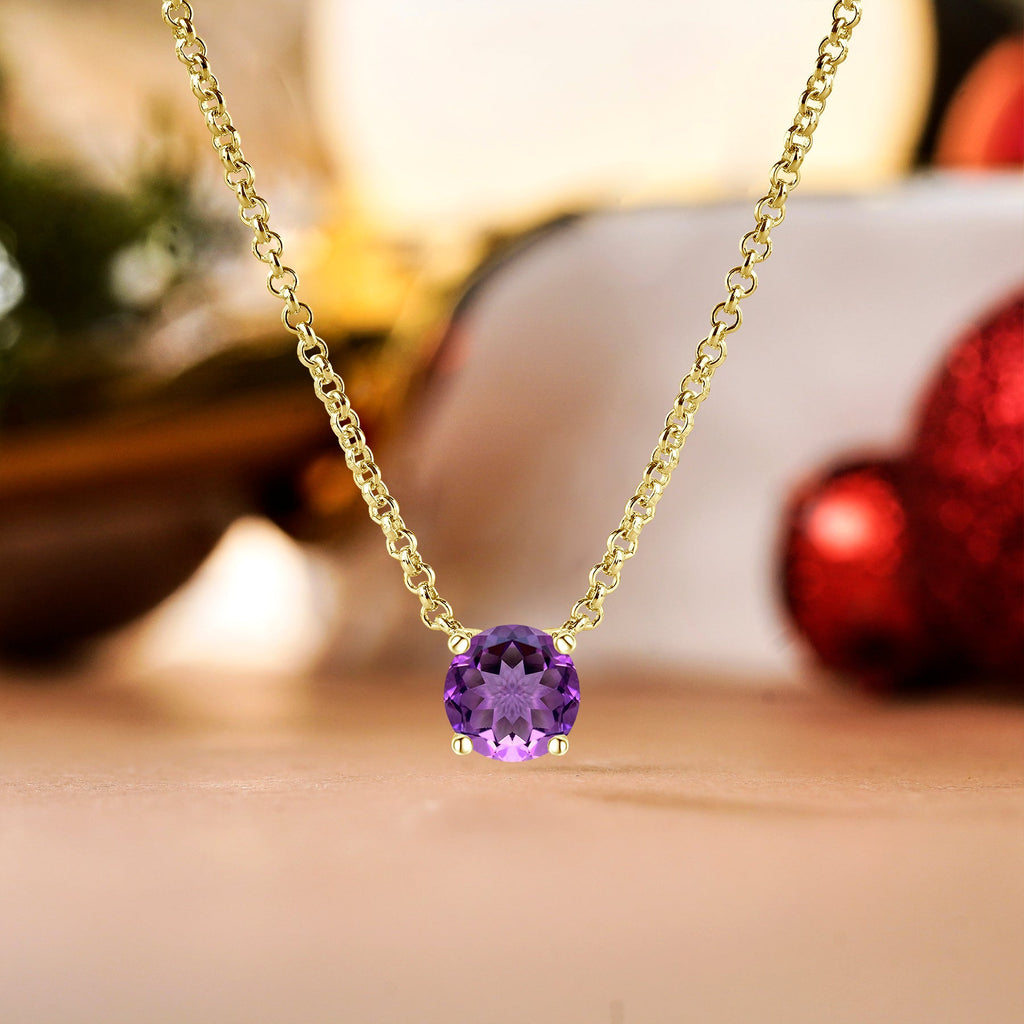 JeenMata 1 Carat Amethyst - February Birthstone Solitaire Pendant Necklace in 18K Yellow Gold Plated, Female, Adult