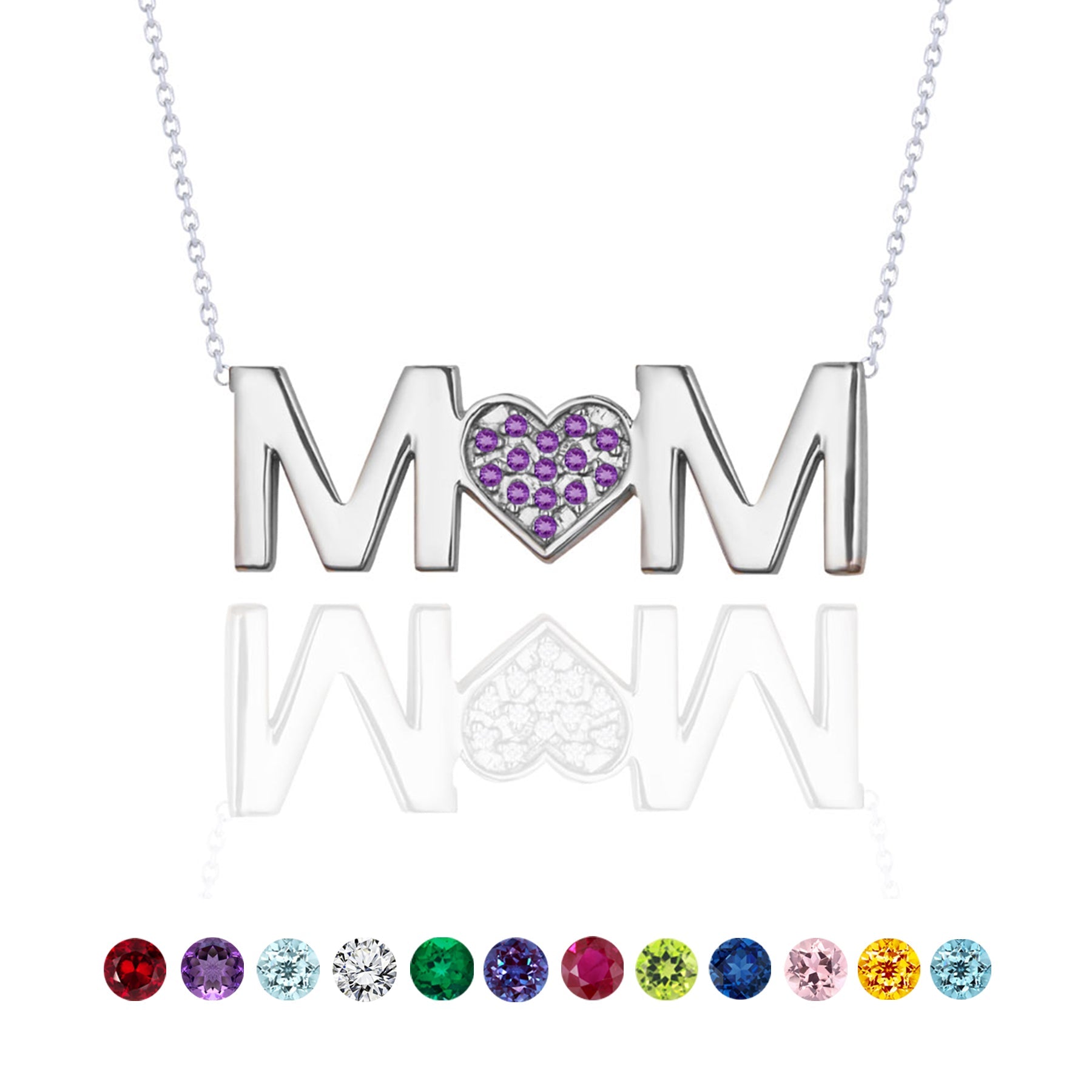 MOM Pendant Necklace - Purple Stone - February Birthstone in 18K White Gold over Sterling Silver