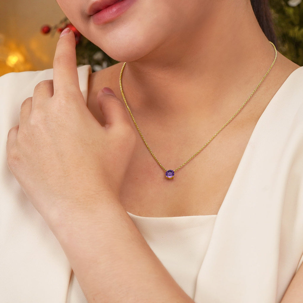 JeenMata 1 Carat Amethyst - February Birthstone Solitaire Pendant Necklace in 18K Yellow Gold Plated, Female, Adult