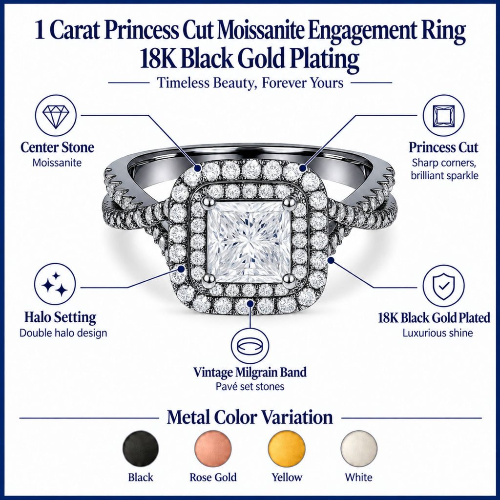 JeenMata 1 Carat Princess Cut Moissanite Engagement Ring - Bridal Set - Double Halo Ring - Cluster Ring - Black Plated for Women
