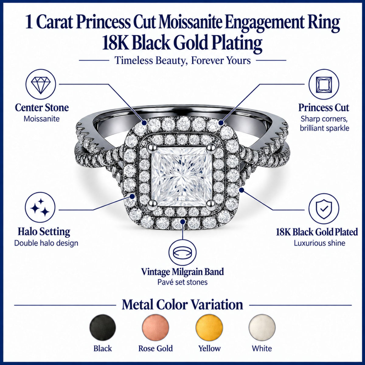 JeenMata 1 Carat Princess Cut Moissanite Engagement Ring - Bridal Set - Double Halo Ring - Cluster Ring - Black Plated for Women