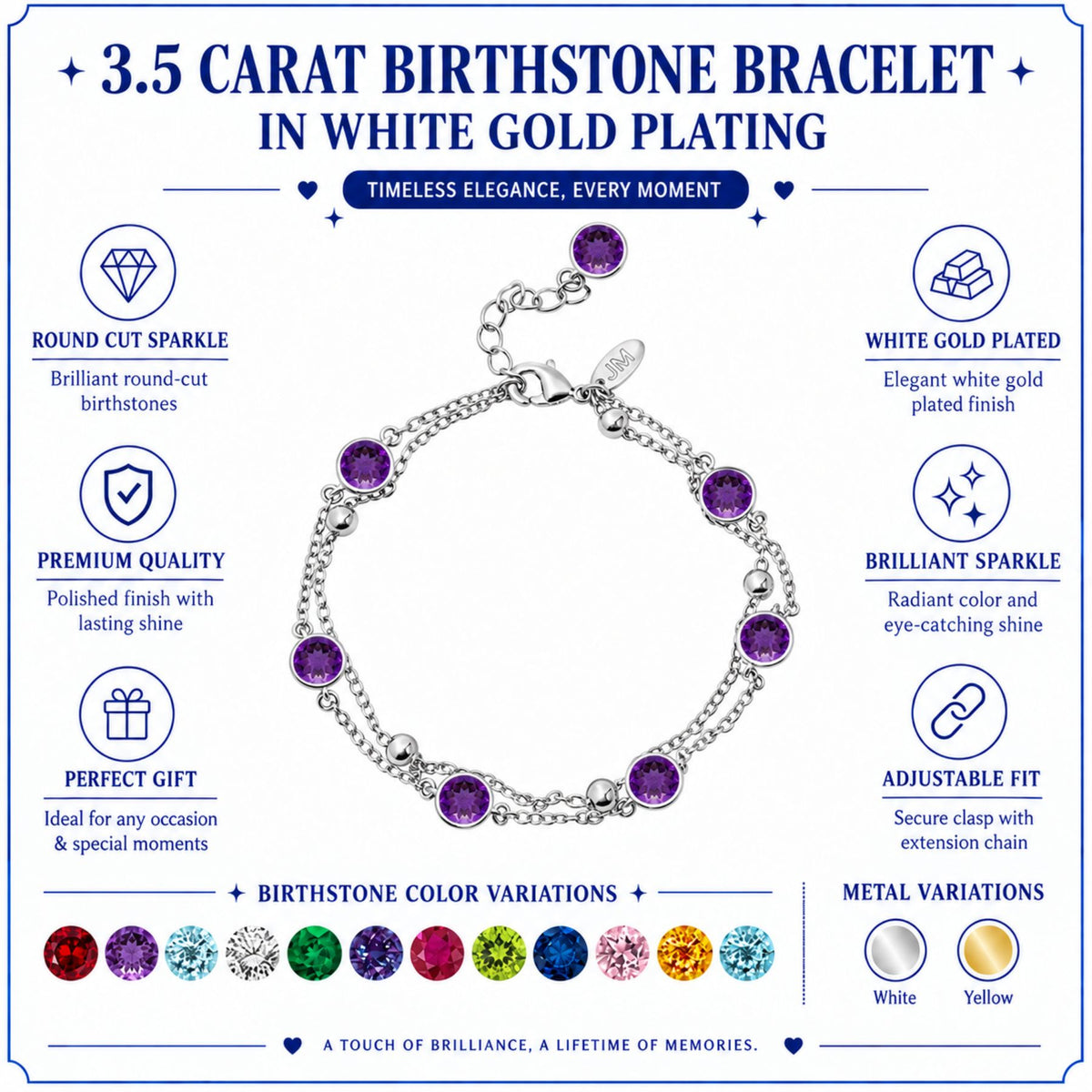 JeenMata 3.5 Carat February Amethyst Birthstone Double Layer Bracelet - in White Gold Plating for Women