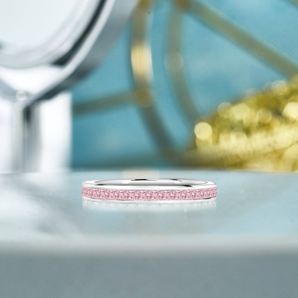 JeenMata 0.25 Carat Princess Cut October Birthstone Wedding Band - Pave Channel Band - 18K White Gold Plating for Women