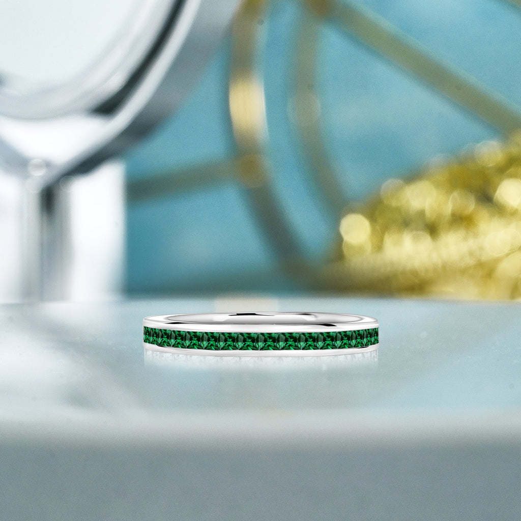 JeenMata 0.25 Carat Princess Cut May Birthstone Wedding Band - Pave Channel Band - 18K White Gold Plating for Women