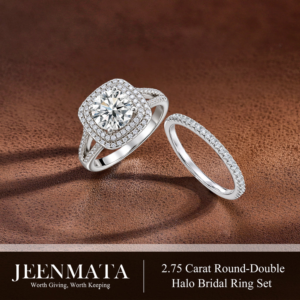 JeenMata 2.75 Carat Round Brilliant Cut Moissanite Double Halo Split Shank Engagement Ring Set in 18K White Gold Plated for Women