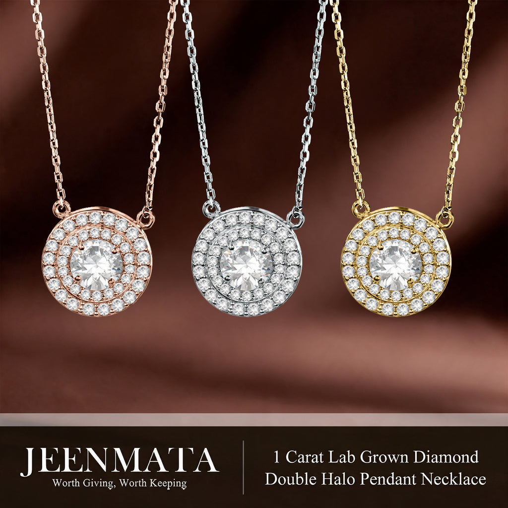 JeenMata Lab Grown Diamond 1 Carat Round Cut Double Halo Pendant Necklace in 18K White Gold Plating for Women