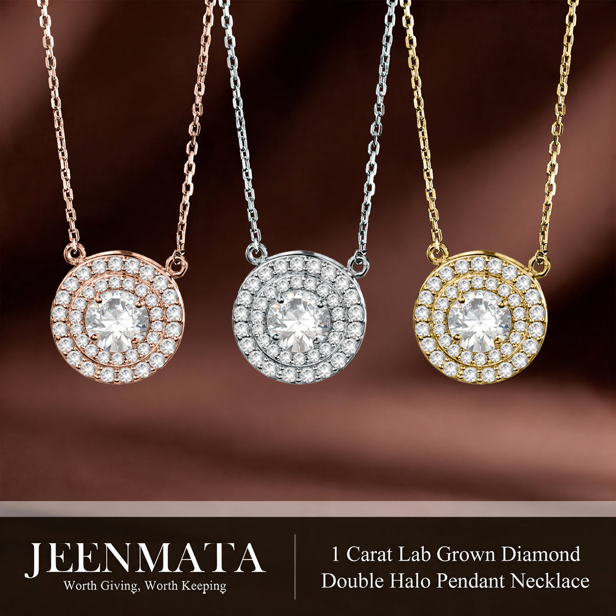JeenMata Lab Grown Diamond 1 Carat Round Cut Double Halo Pendant Necklace in 18K Yellow Gold Plating for Women