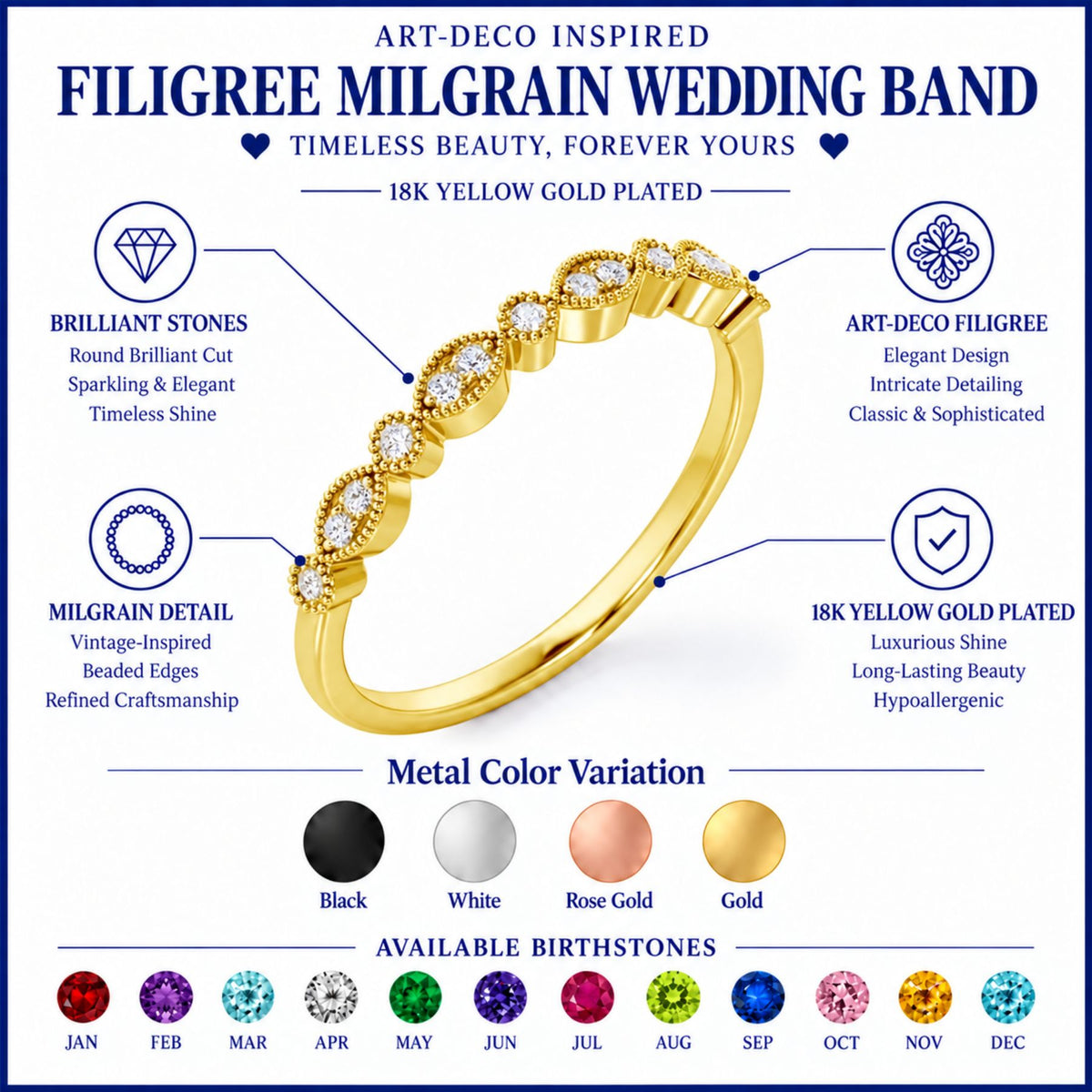 JeenMata Art-Deco 0.25 Carat Round Brilliant Cut April Birthstone Filigree Milgrain Wedding Band in 18K Yellow Gold Plating for Women