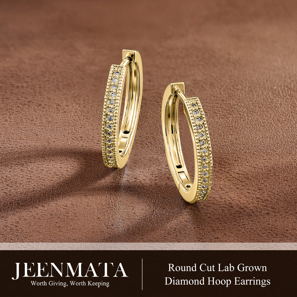 JeenMata Lab Grown Diamond Hoop Earrings - Round Cut Classic Earrings in Yellow Gold Plating for Women