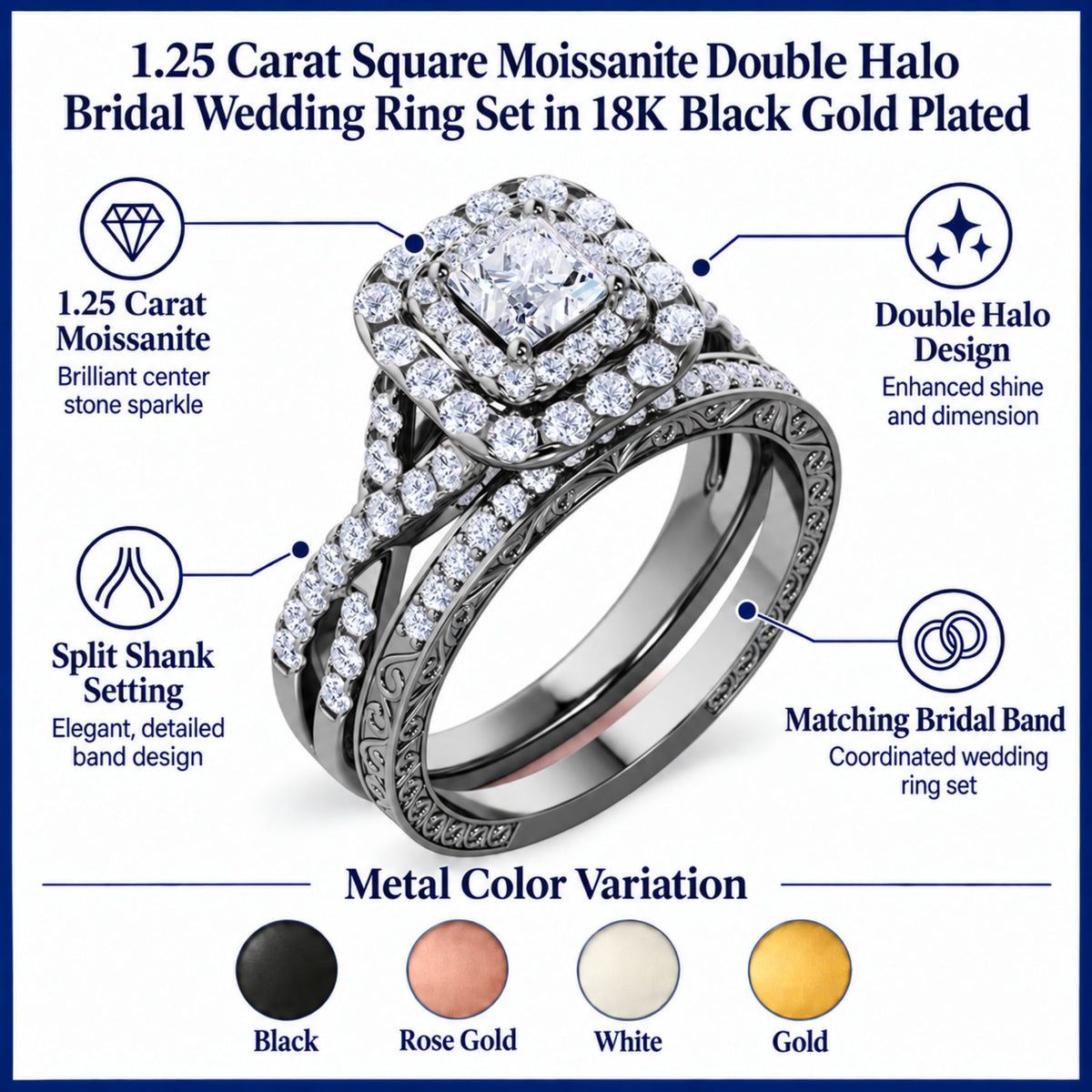 JeenMata 1.25 Carat Square Moissanite Engagement Ring for Women, Double Halo Bridal Wedding Ring Set with Twisted Band in Black Plating