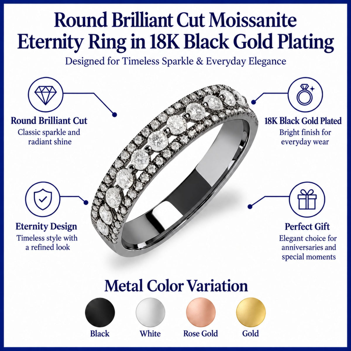 JeenMata Double Pave - 0.75 Carat Round Brilliant Cut Moissanite - Eternity Anniversary Ring - Black Plating for Women
