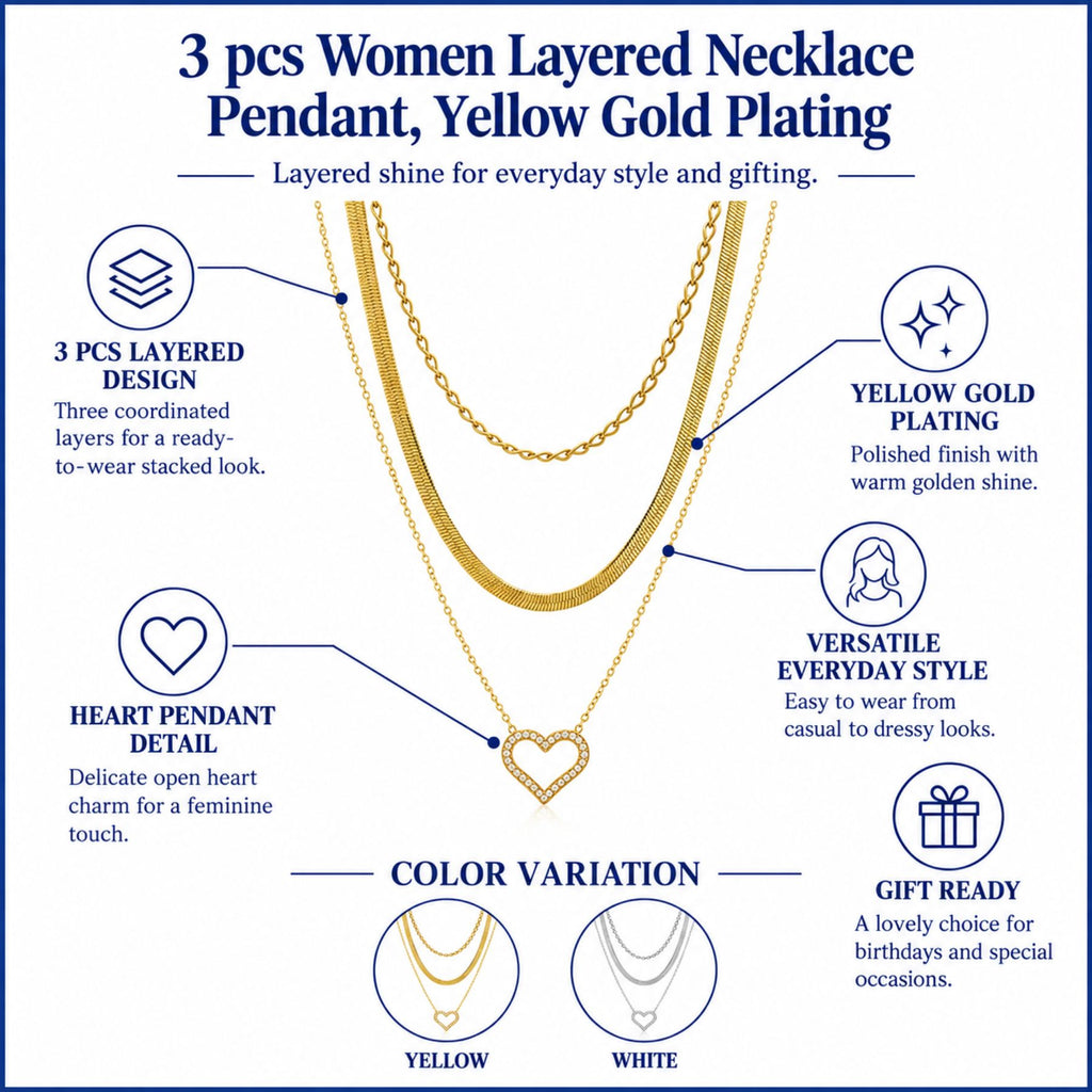 JeenMata Multipack 3 pc Women Layered Necklace Pendant, Yellow Gold Plating, Gold Chain, Choker Necklace, Herringbone Layered Necklace Jewelry Gift