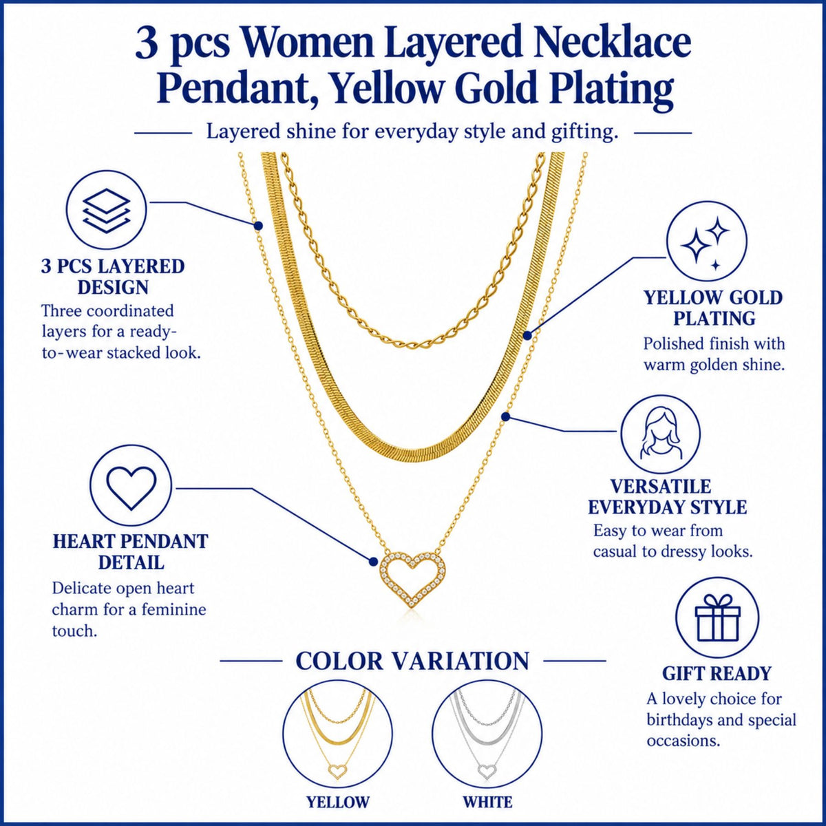 JeenMata Multipack 3 pc Women Layered Necklace Pendant, Yellow Gold Plating, Gold Chain, Choker Necklace, Herringbone Layered Necklace Jewelry Gift