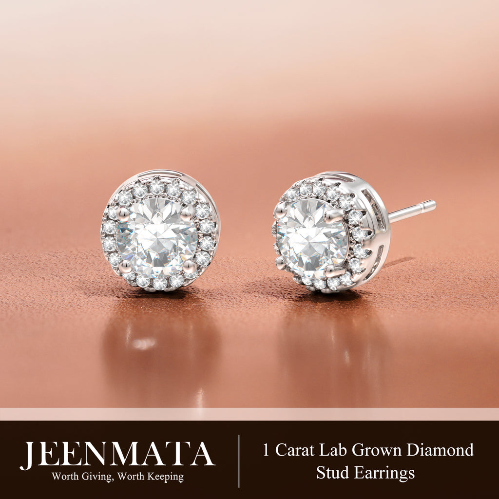 JeenMata Lab Grown Diamond 1 Carat Round Brilliant Cut Halo Stud Earrings in 18K White Gold Plating for Women