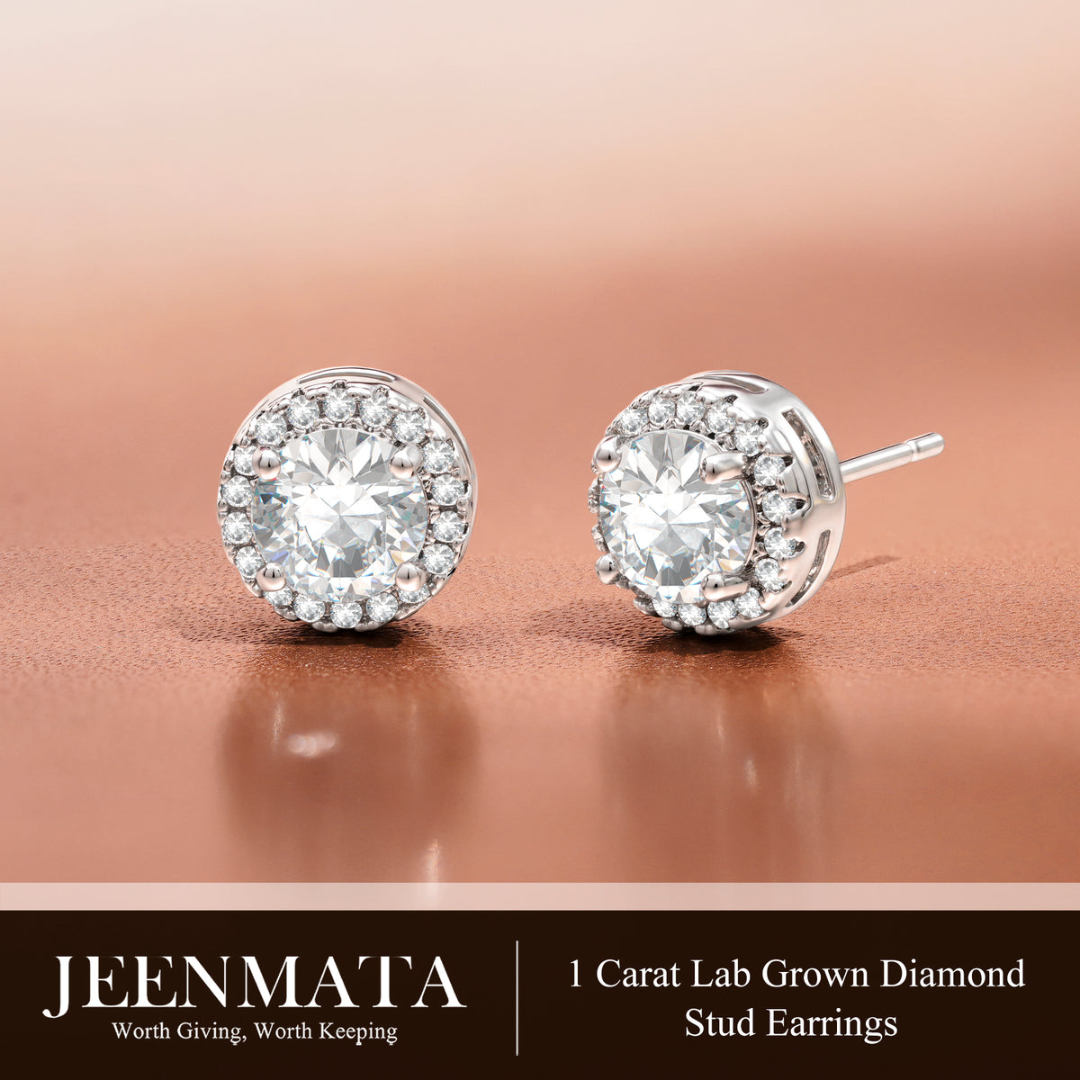 JeenMata Lab Grown Diamond 1 Carat Round Brilliant Cut Halo Stud Earrings in 18K White Gold Plating for Women