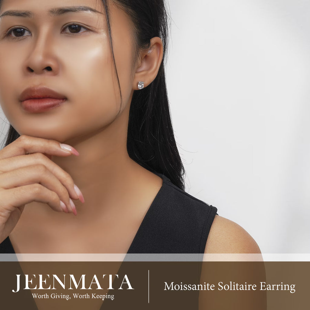 JeenMata 4 Prong 2 Carat Oval Cut Moissanite Solitaire Stud Earrings in 18k White Gold Plating for Women