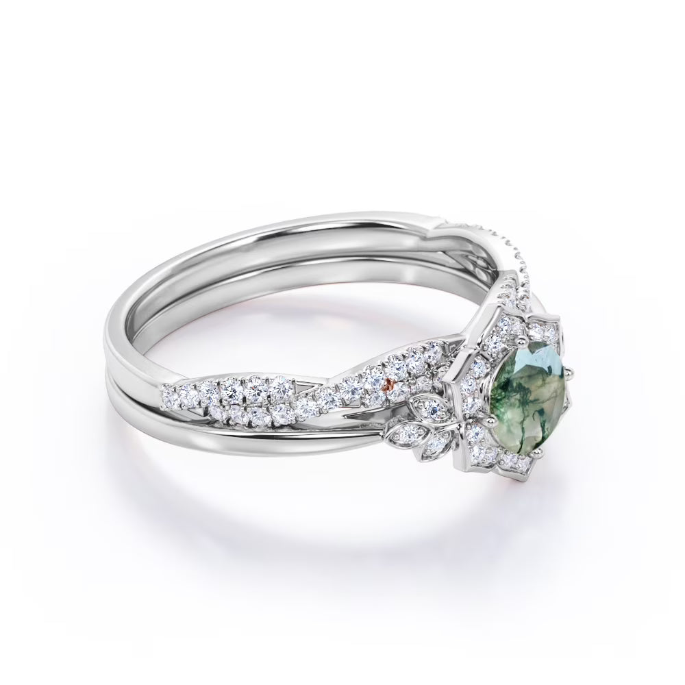 JeenMata Flower Halo Bezel 1.5 Carat Round Cut Milky Dendritic Moss Green Agate and Moissanite Infinity Twisted Band Wedding Ring Set in 18K White Gold Plating over Silver