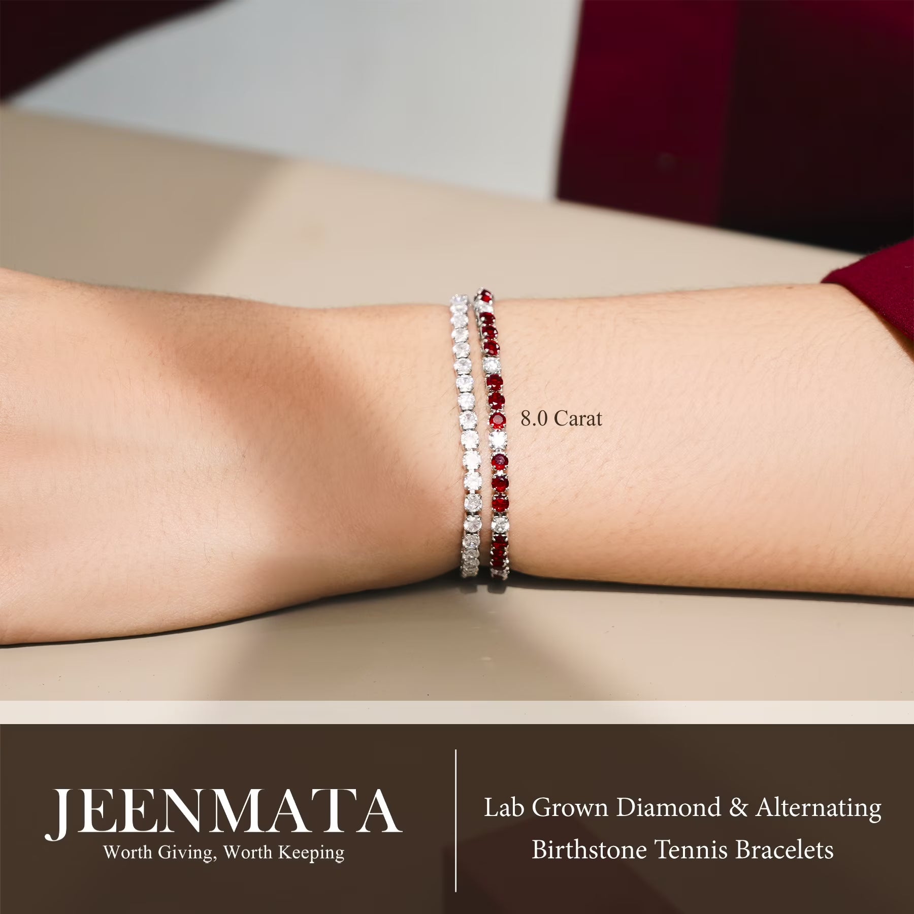 JeenMata 8 Carat Lab Grown Diamond & Garnet Alternating Birthstone Tennis Bracelets - 18K White Gold Plating for Women Eternity Design Bracelet