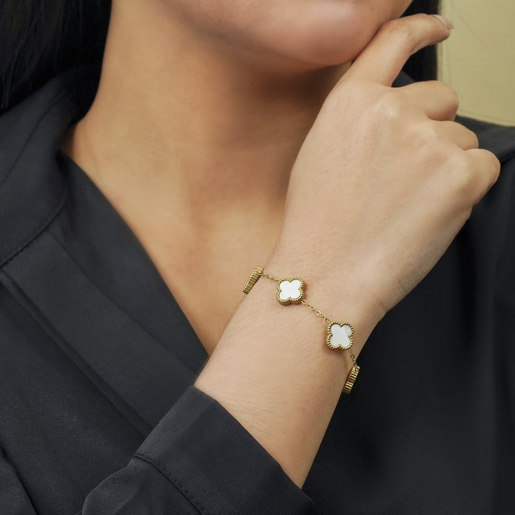 JeenMata White Flower Link Bracelet in Yellow Gold Plated
