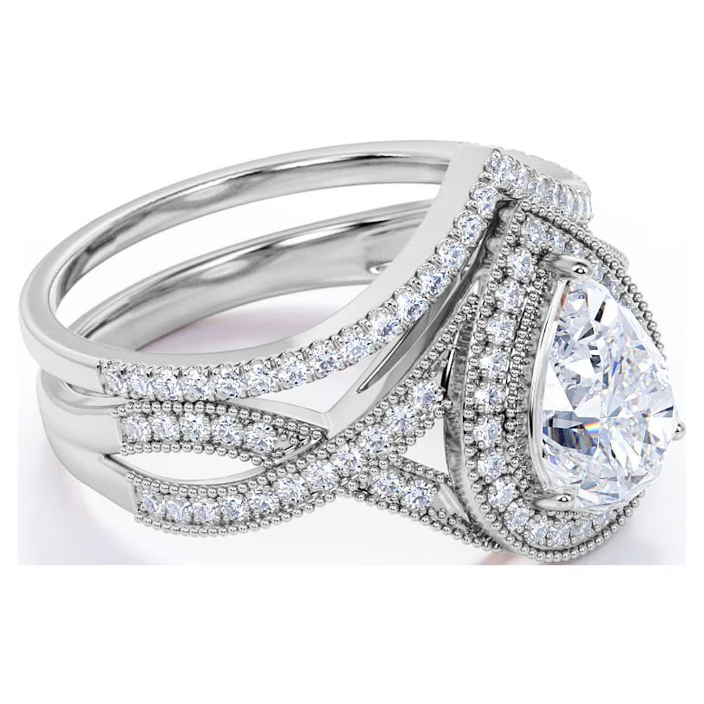 JeenMata 1.5 Carat Pear Cut Moissanite Wedding Set - Bridal Set - Art Deco Ring - Halo Ring - Cluster Ring - 18k White Gold Plated for Women