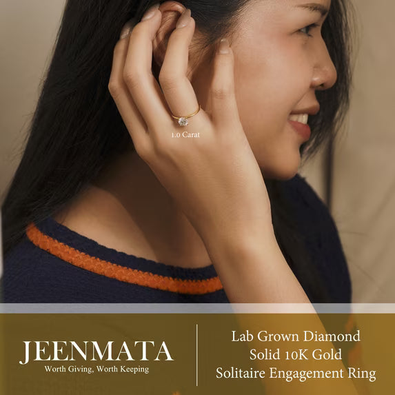 JeenMata Lab Grown Diamond 1 Carat Round Cut Solitaire Engagement Ring in Real Solid 10K Yellow Gold for Women, Gift for Her, Female, Girlfriend