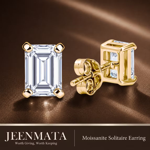 JeenMata 0.5 Carat Emerald Solitaire Moissanite Stud Earrings for Women, Earrings for Men, 18K Yellow Gold Plated, Hypoallergenic Earrings, D VS1, Stud Earring for Woman, Jewelry, Gift, Earrings