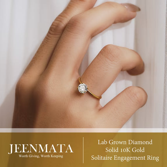 JeenMata Lab Grown Diamond 2 Carat Round Cut Solitaire Engagement Ring in Real Solid 10K Yellow Gold for Women, Gift for Her, Female, Girlfriend
