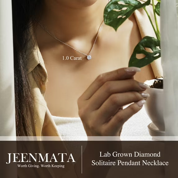 JeenMata Lab Grown Diamond 1 Carat Round Cut Classic Solitaire Pendant Necklace - in 18K White Gold Plating for Women