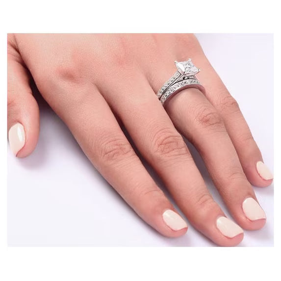 JeenMata 2 Carat Princess Cut Moissanite Wedding Set - Bridal Set - Channel Set Ring - Unique Ring - 18k White Gold Over Silver