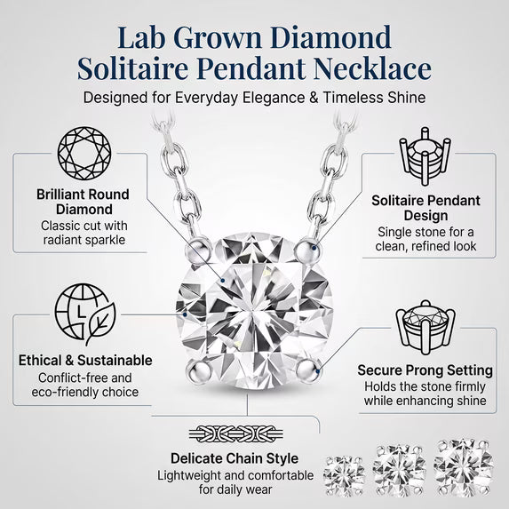 JeenMata Lab Grown Diamond 1 Carat Round Cut Classic Solitaire Pendant Necklace - in 18K White Gold Plating for Women