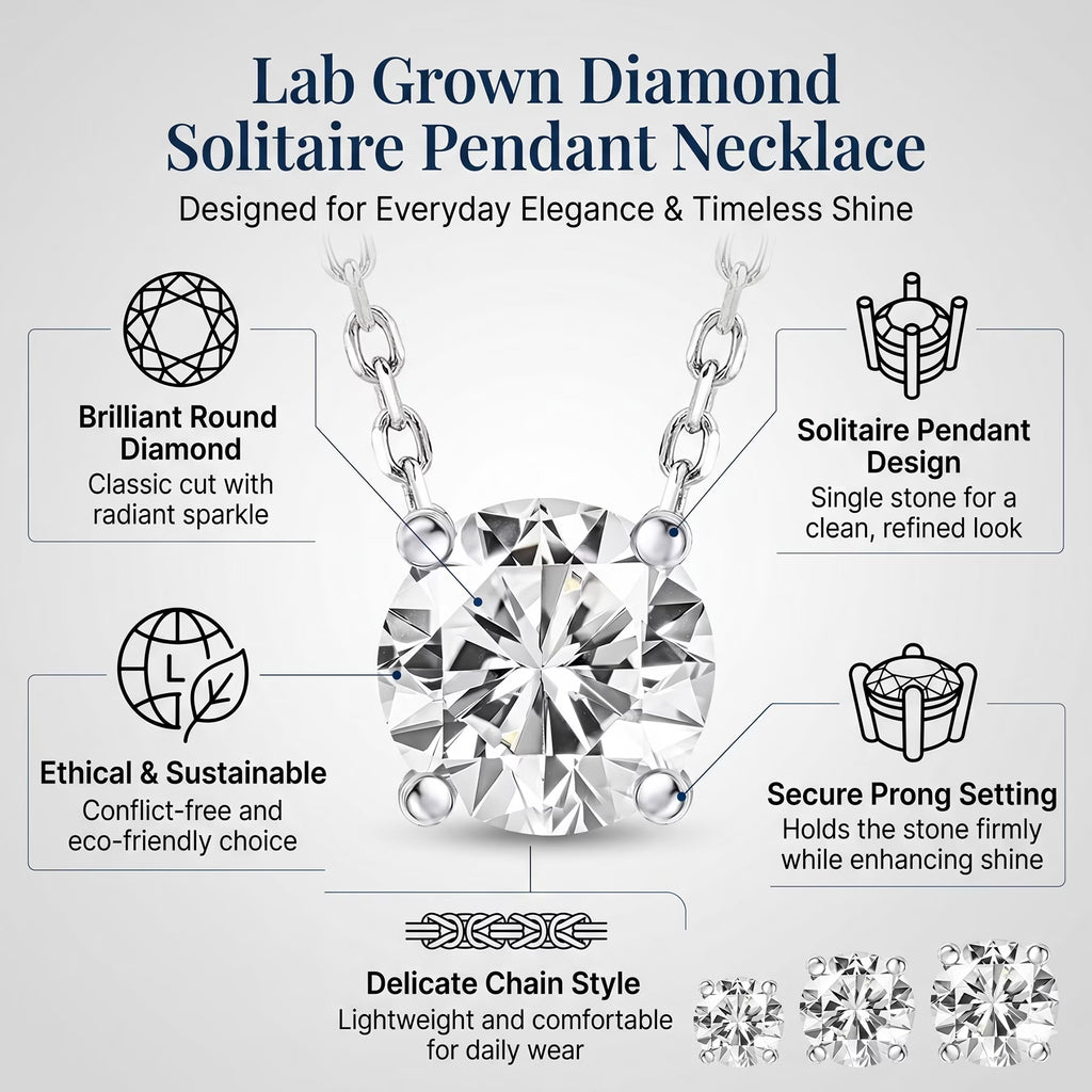 JeenMata Lab Grown Diamond 1 Carat Round Cut Classic Solitaire Pendant Necklace - in 18K Rose Gold Plating for Women