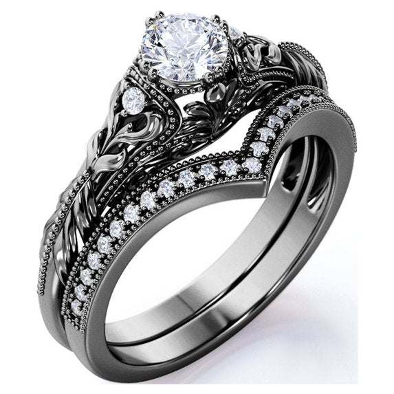 JeenMata Engraved 0.75 Carat Round Cut Lab Grown Diamond Victorian-Inspired Wedding Ring Set with Chevron Wedding Band in 10k Black Gold