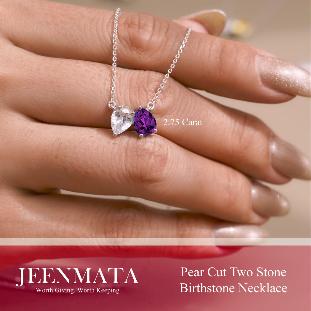 JeenMata 2.75 Carat February Birthstone Necklace - Pear Cut Two Stone Amethyst & Cubic Zirconia Necklaces in 18K White Gold Plating Gift for Women, Mother, Her