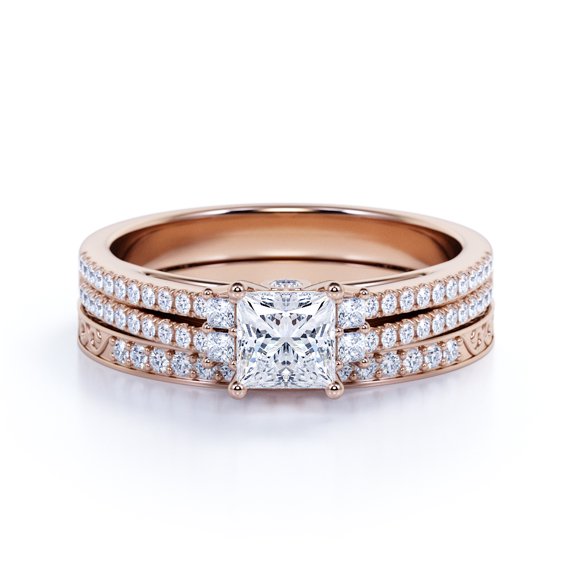 JeenMata Stunning 0.75 Carat - Princess Cut Lab Grown Diamond - Pave - Vintage - Double Band Engagement Ring - Bridal Set - 10K Rose Gold