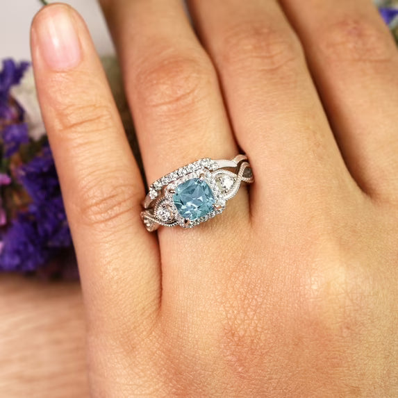 JeenMata Filigree 1.75 Carat Princess Cut Created Aquamarine and Moissanite Wedding Ring Set in 18k White Gold Plating for Women