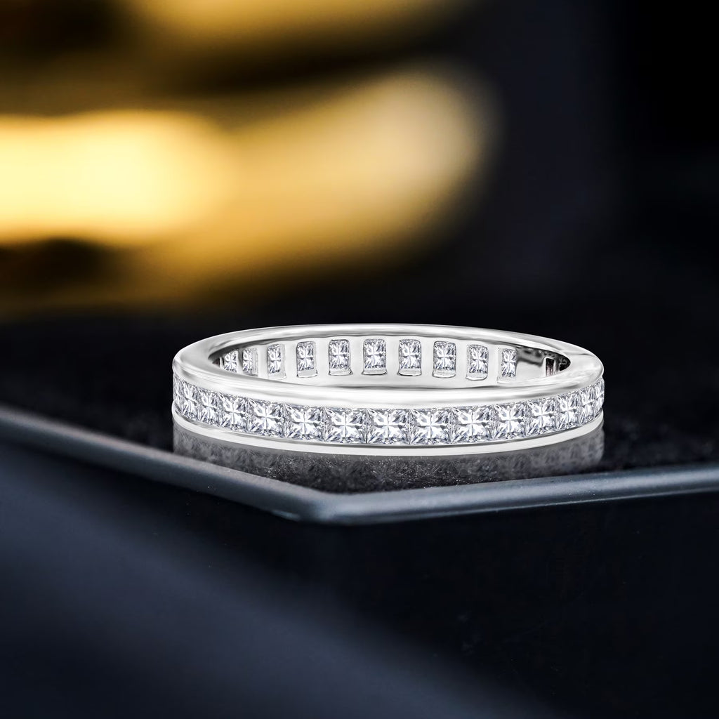 JeenMata 2 Carat Princess Cut April - Cubic Zirconia - Birthstone Channel Set Wedding Band - Eternity Wedding Ring in 18K White Gold Over Silver