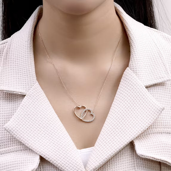 JeenMata Lab Grown Diamond Interlocking Heart Shape Pendant Necklace in Rose Gold Plating