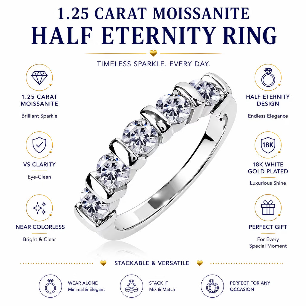 JeenMata 1.25 Carat Moissanite Half Eternity Anniversary Ring - Stackable Wedding Band Rings for Women in 18K White Gold Plating, Wedding Gift for Her