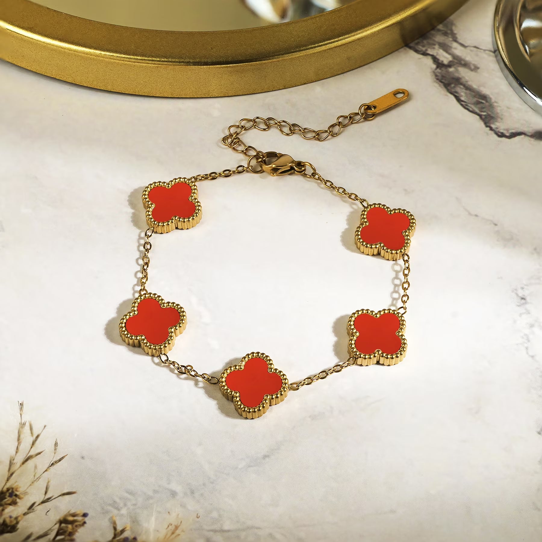 JeenMata Red Flower Link Bracelet in Yellow Gold Plated